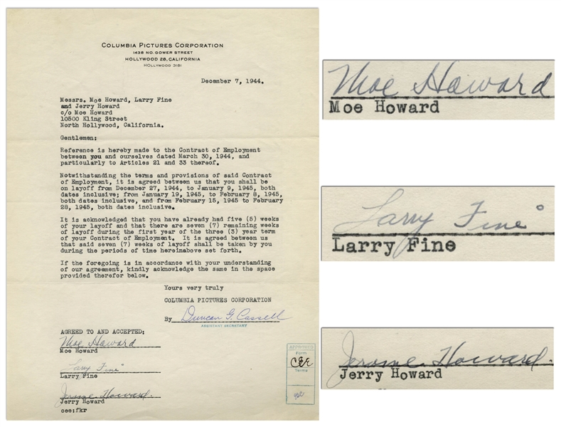 The Three Stooges Signed Agreement With Columbia From 1944, Including Curly's Signature